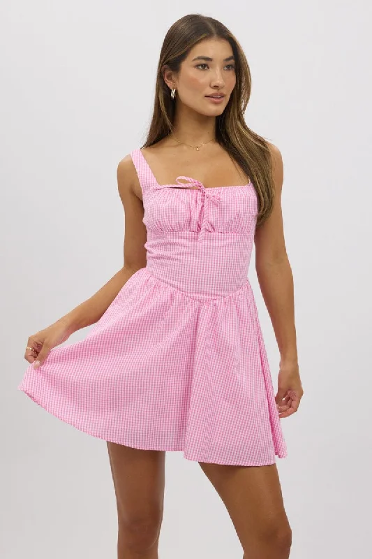 Pleated Casual Dresses for a Structured Look​ Pink Check Fit And Flare Dress Mini