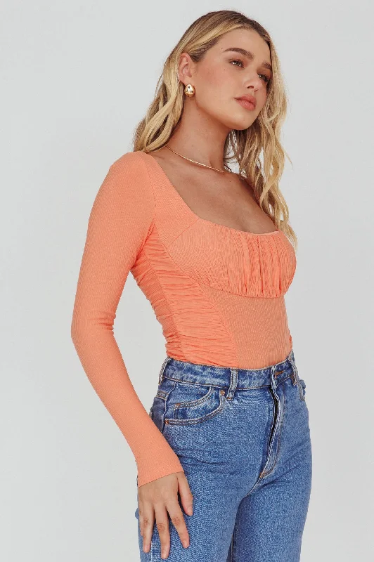 Petite - Sized Casual Dresses for Smaller Frames Bobbi Long Sleeve Ruched Side Ribbed Bodysuit Orange Petite - Sized Casual Dresses for Smaller Frames Bobbi Long Sleeve Ruched Side Ribbed Bodysuit Orange