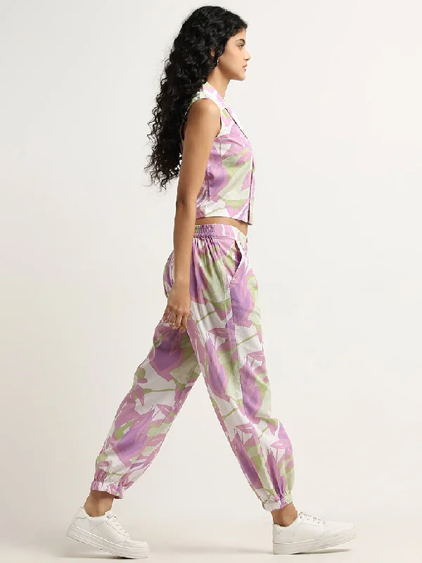 Bombay Paisley Lilac Printed Cotton Blend High-Rise Pants