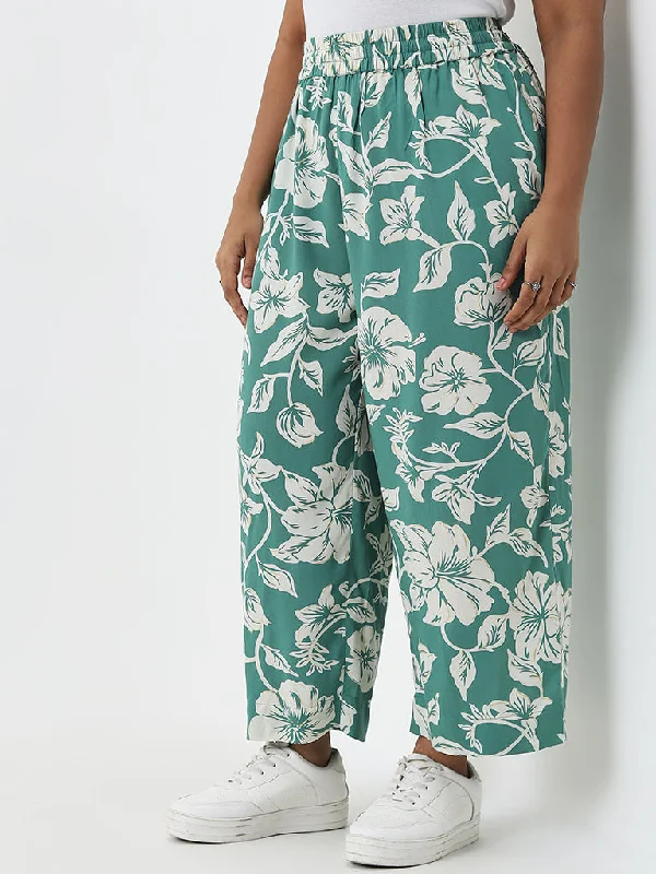 Diza Jade Green Floral Design Mid-Rise Cotton Ethnic Pants