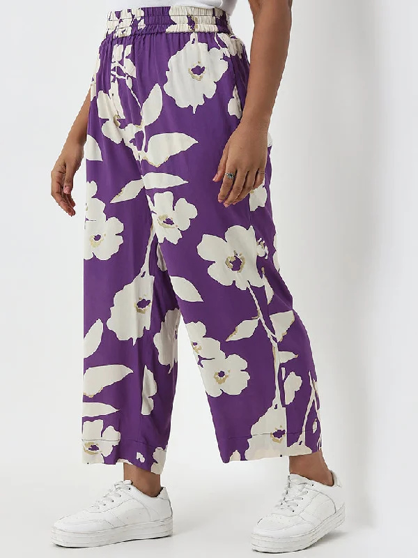 Diza Purple Floral Design Mid-Rise Cotton Ethnic Pants