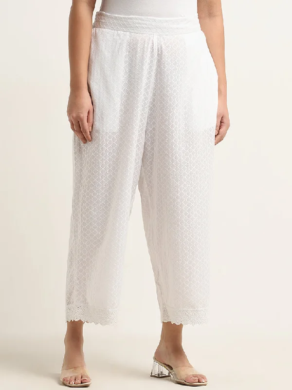 Diza White Self-Patterned High-Rise Cotton Ethnic Pants