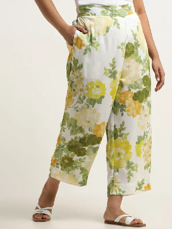 Diza Yellow Floral Printed Mid Rise Ethnic Pants