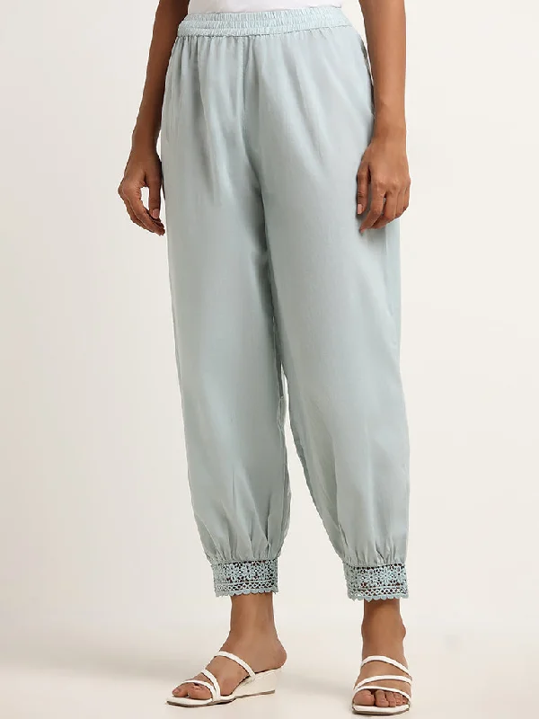 Utsa Light Blue Crochet-Trimmed Pants