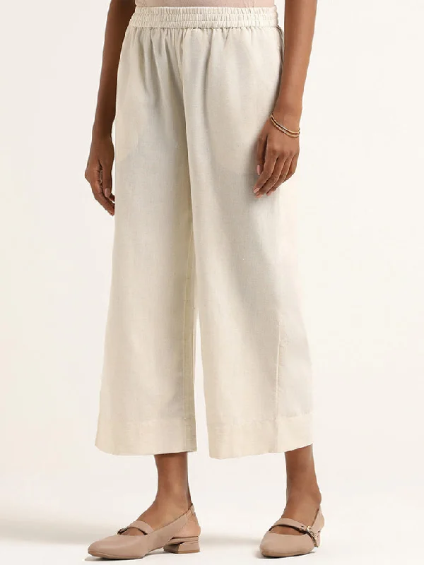 Utsa Off White Cotton Straight Leg Pants