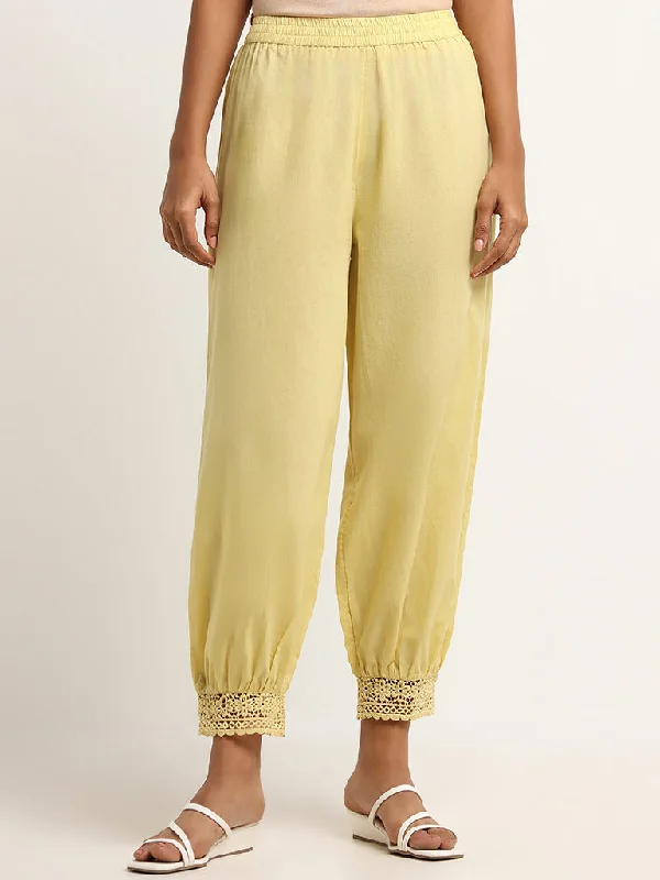 Utsa Yellow Cotton Crochet Trimmed Pants