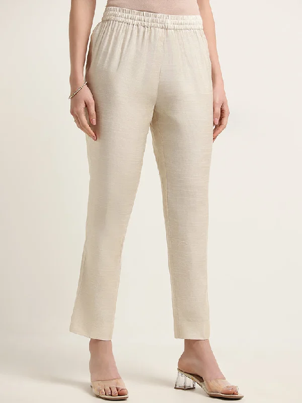 Zuba Beige Mid Rise Straight Fit Pants