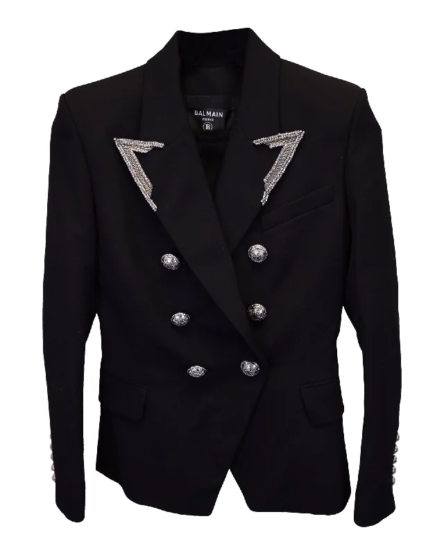 Balmain Double Breasted Embroidered Lapel Blazer in Black Wool