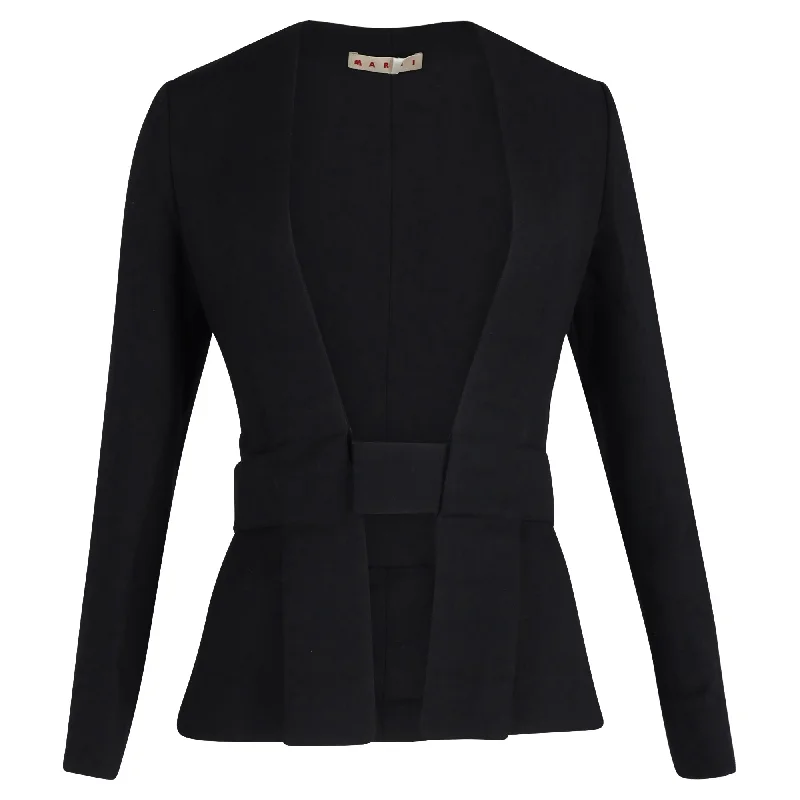 Marni Collarless Jacket with Waist Belt in Black Wool