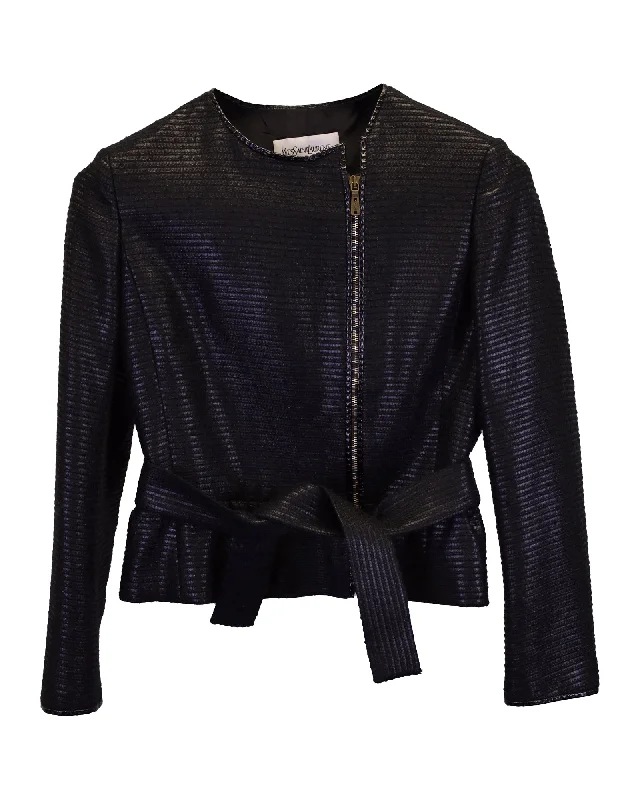 Saint Laurent Zipped Belted Cropped Jacket in Black Wool