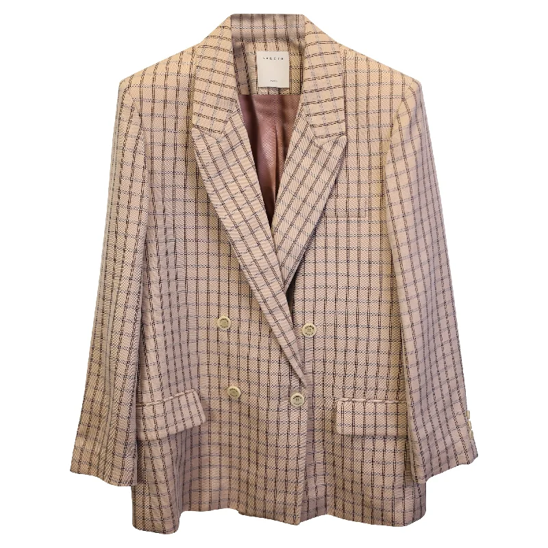 Sandro Paris Danube Double-Breasted Checked Blazer in Beige Wool