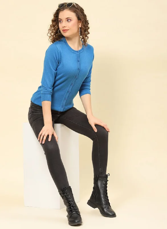 Women Blue Solid Modal Nylone Cardigan