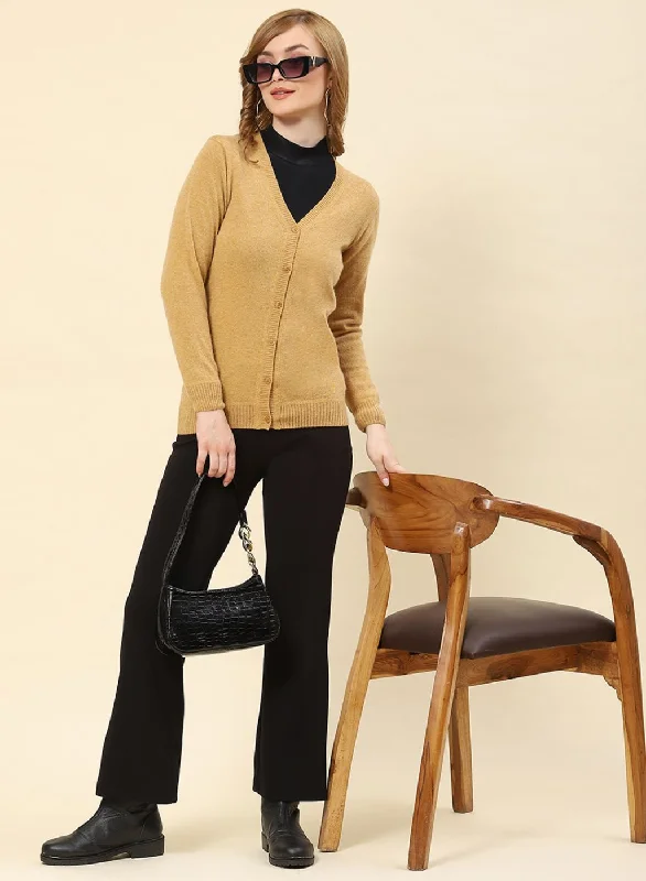 Women Camel Brown Solid Lamb wool Cardigan