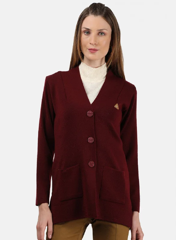 Women Maroon Solid Cardigan