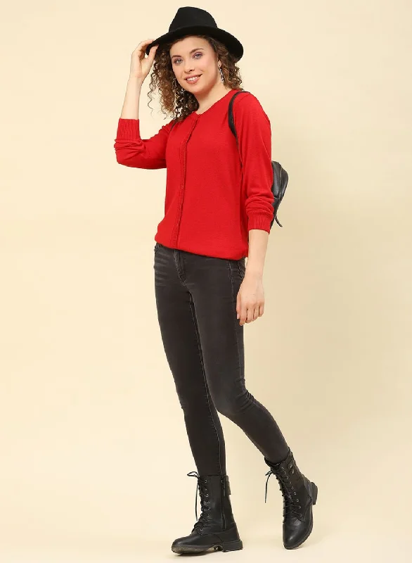 Women Red Solid Modal Nylone Cardigan