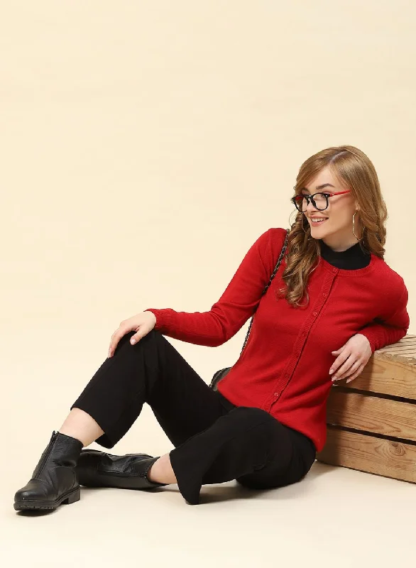 Women Red Solid Modal Nylone Cardigan