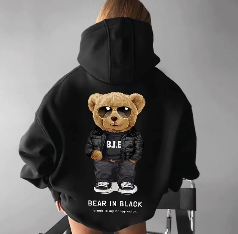 Bear in black oversized hoodie