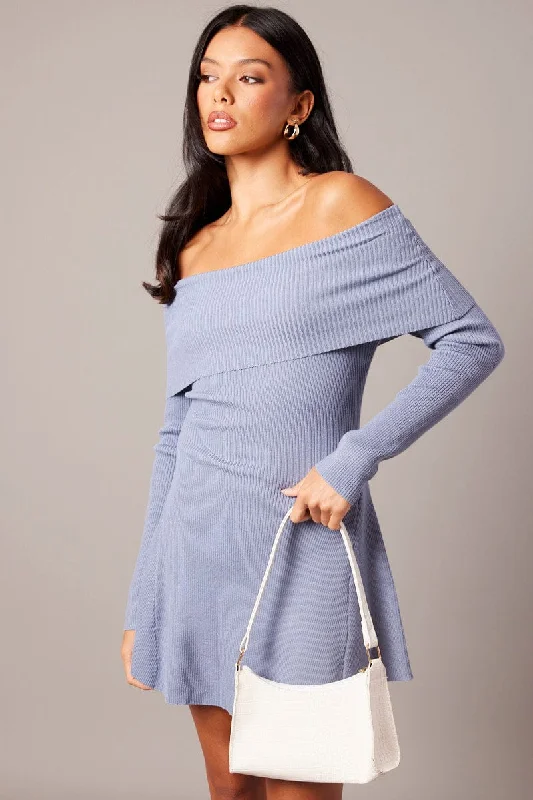 Blue Knit Dress Long Sleeve Off Shoulder