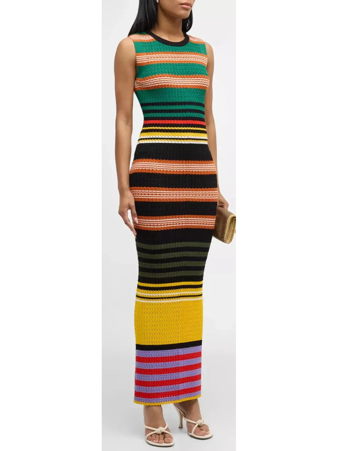 Bright Multicolored Striped Pointelle-Knit Sleeveless Maxi Dress