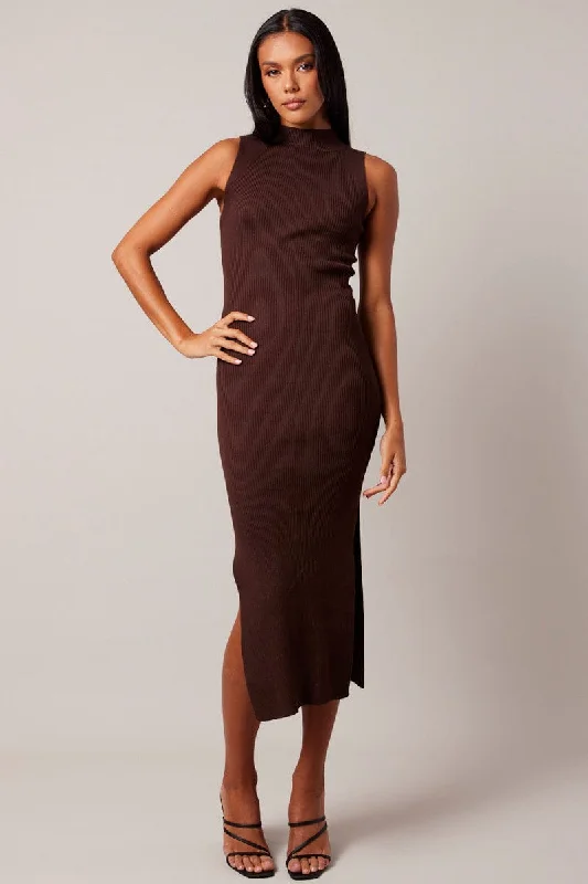 Brown Knit Dress High Neck Midi