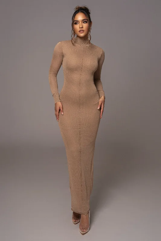 Camel Fame Mock Neck Maxi Dress