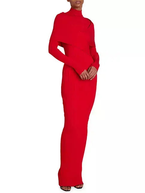 Cross-Over High-Neck Plissé Design Red Knit Maxi Dress