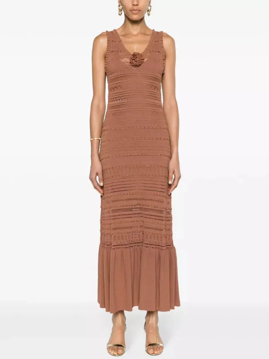 Crystal Detailed Rose-Applique Sleeveless Crochet Knit Maxi Dress