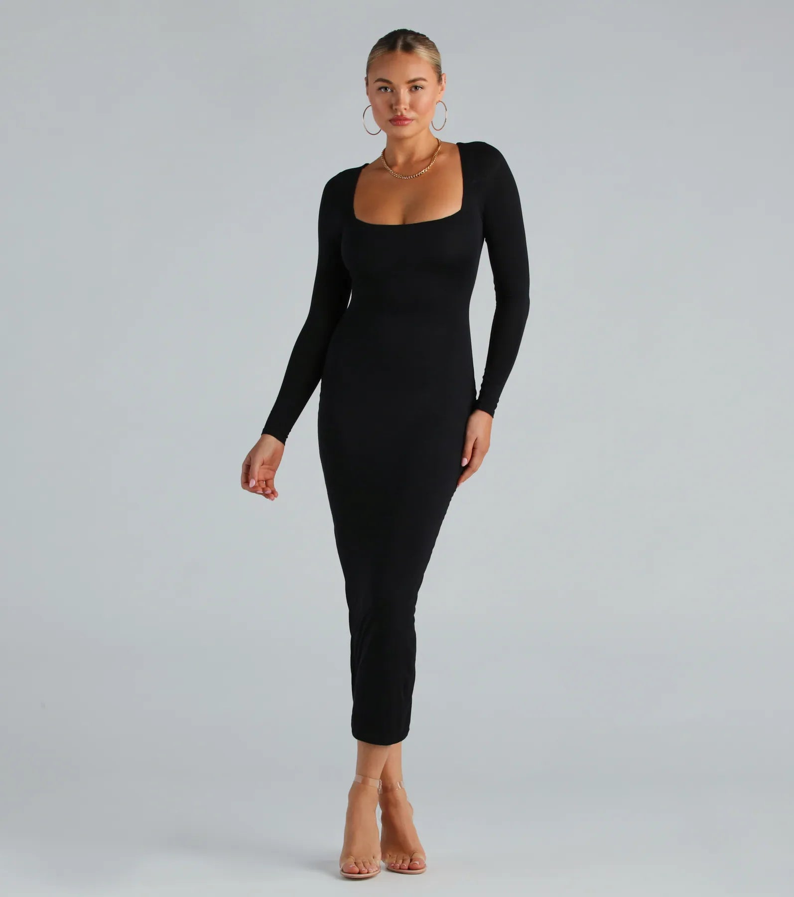 Smooth Silhouette Long Sleeve Bodycon Maxi Dress