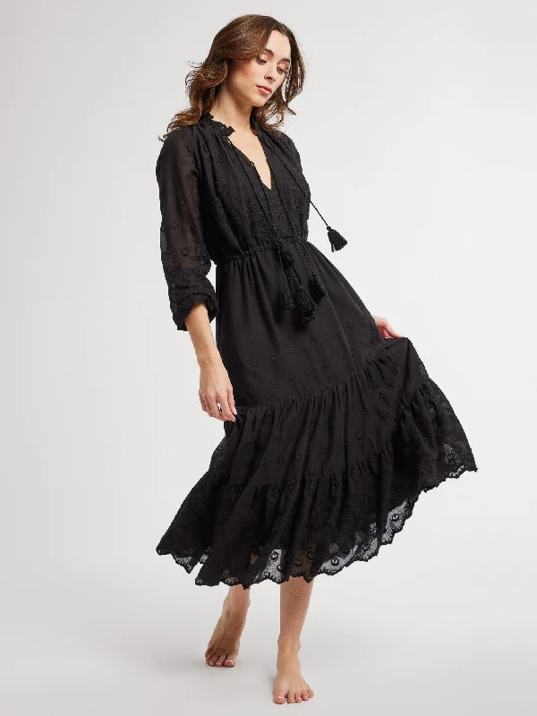 Astrid Dress in Black Petal Embroidery