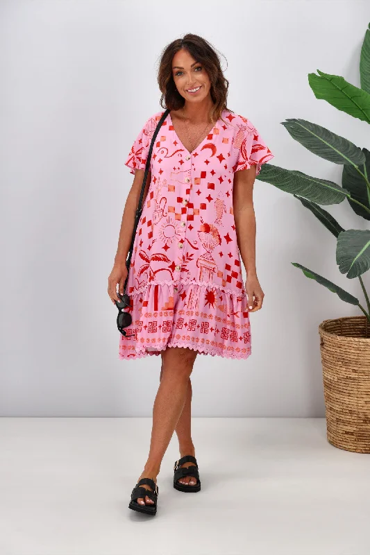 Miss Marlow Noosa Palm Drop Hem Dress Pink