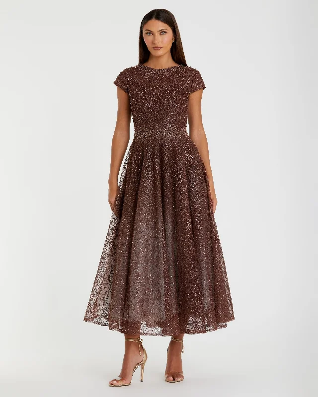 Brown Embellished Cap Sleeve A Line Dress