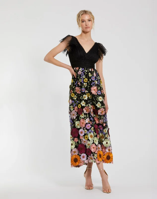 Embroidered Ruched Flutter Sleeve A Line Dress