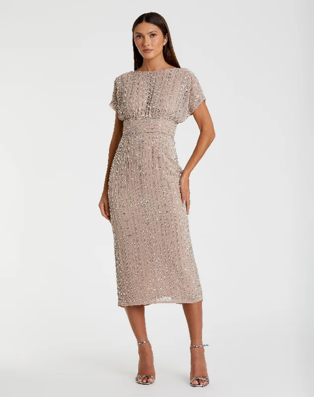 Beaded Cap Sleeve Column Midi Dress