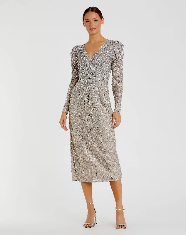 Beaded Lace Long Sleeve Midi  Dress