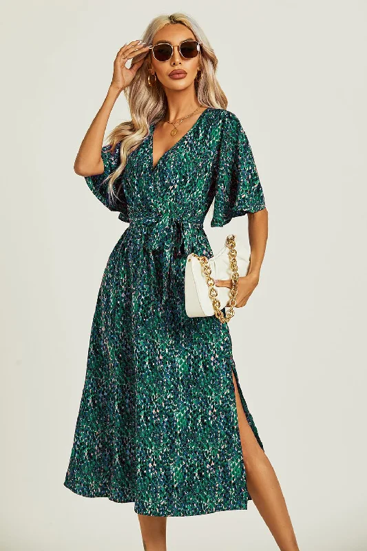 Angel Sleeve Wrap Top Midi Dress In Green