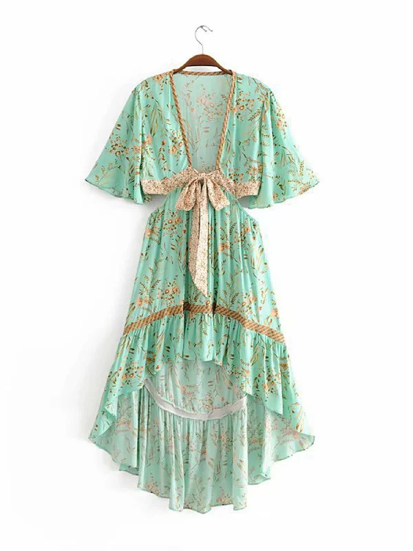 Bohemian High Low Maxi Dress With Back Detail In Green Floral Print