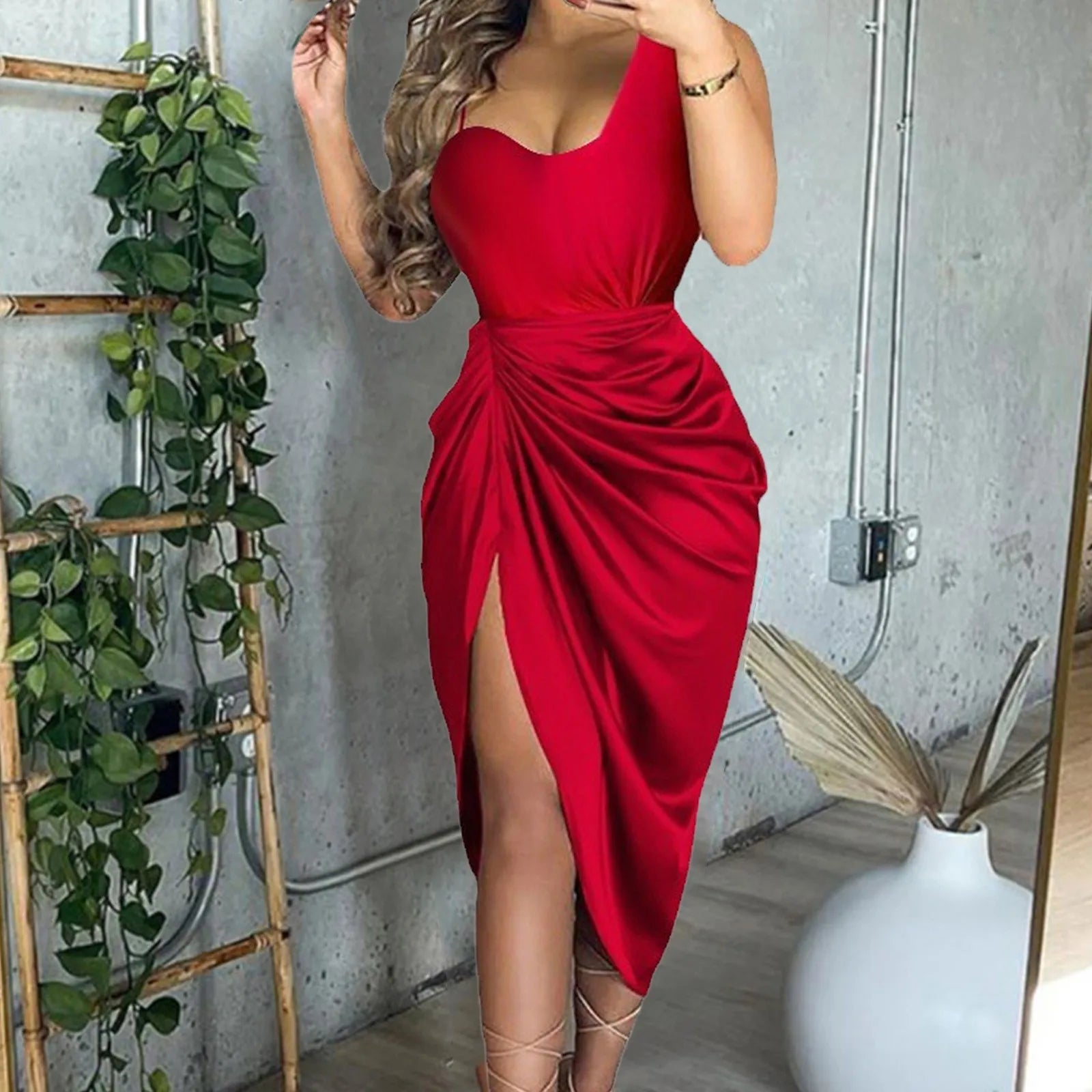 Wedding Guest For Women Solid Color Side Slit Smocked One Shoulder Evening Casual Party Midi Dress