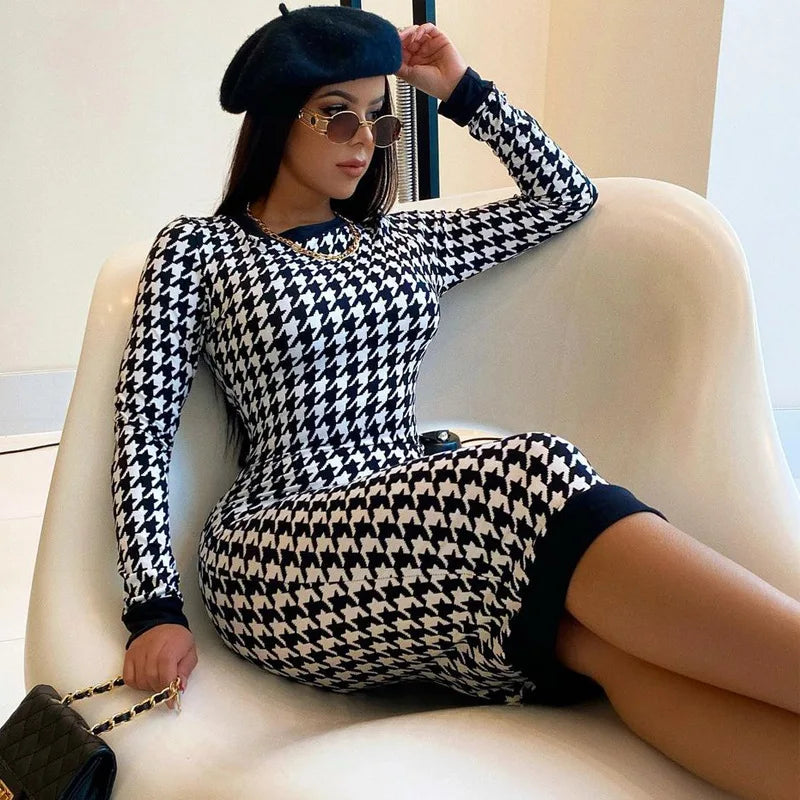 Houndstooth Print Women Long Sleeve Hollow Out Bodycon Streetwear 2024 Autumn Winter Club Elegant Slim Midi Dress