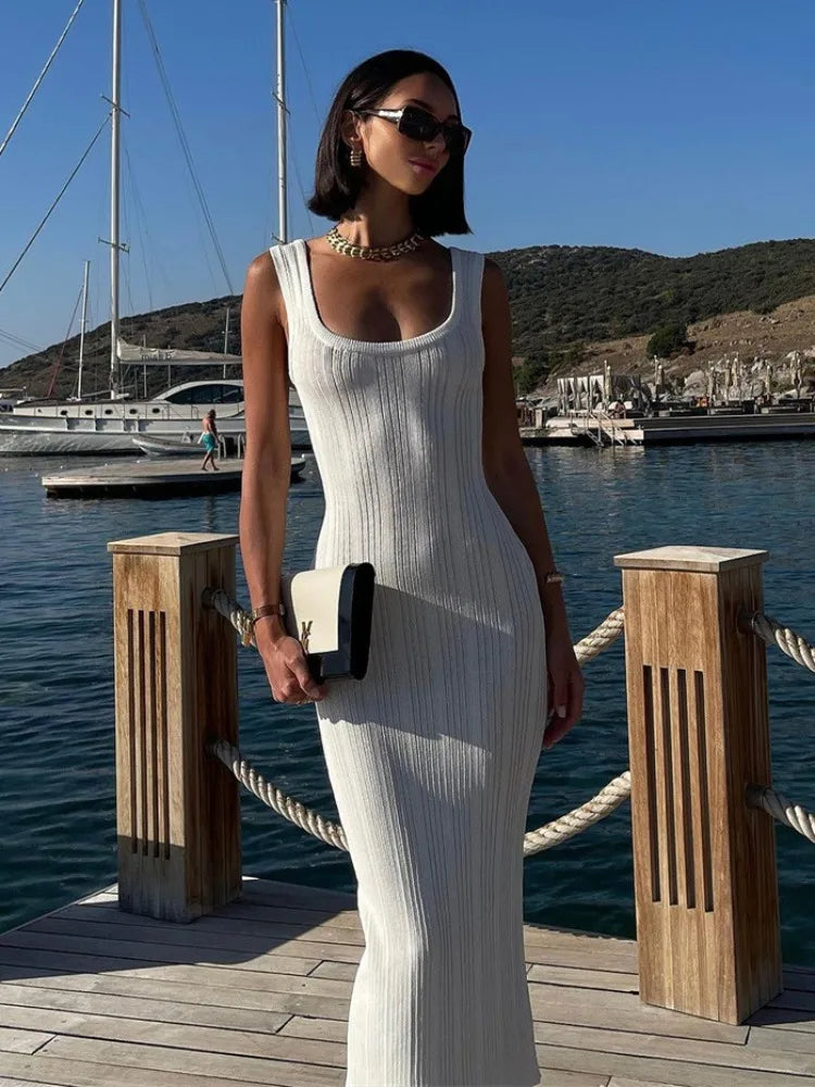 White Knitted Women Summer Fashion Square Colloar Sleeveless Bodycon Party Lady Casual 2024 Midi Dress