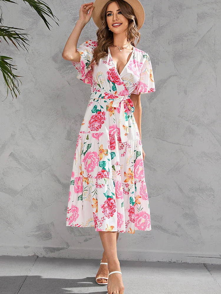 Summer Women Casual Floral Print Ruffle Big Hem Beach Fashion V Neck Bandage White 2024 New Midi Dress