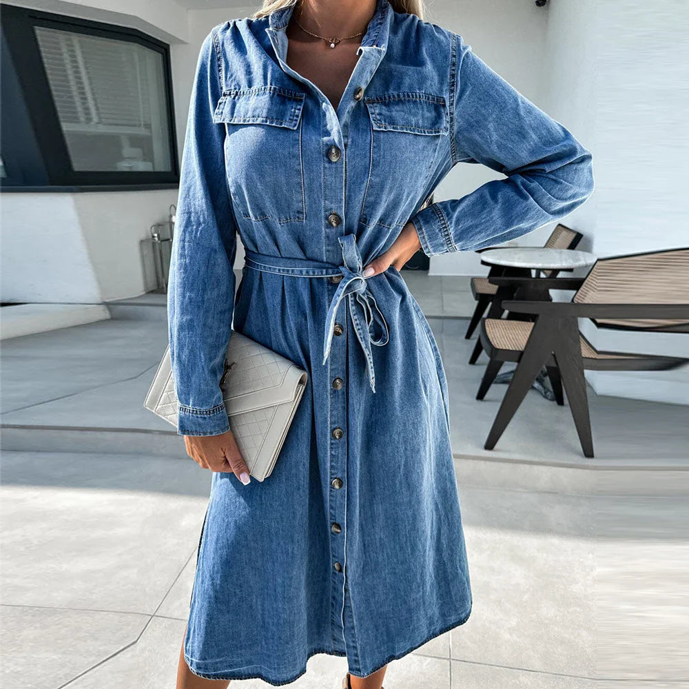 Imitation Denim For Women 2024 Autumn Korean Fashion Elegant Vestido Skirt Y2K Long Sleeved Female Clothing Midi Dress