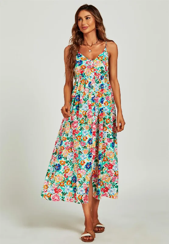 Floral Print Strappy Cami Midi Dress In White