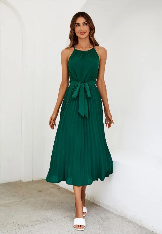 Halter Neck Top Pleated Midi Dress In Green