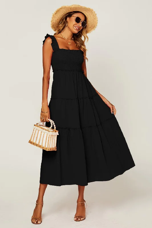 Hem Detail Tiered Maxi Dress In Black