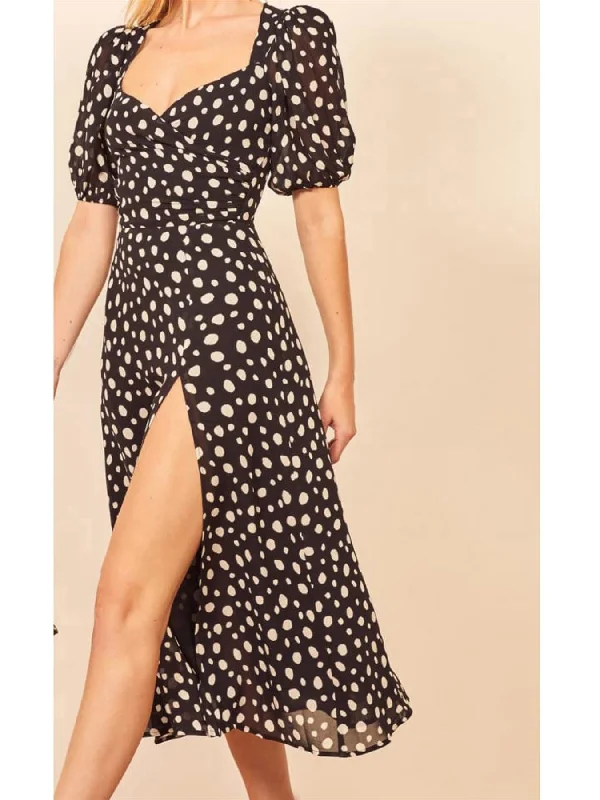 Puff Sleeve Midi Dress With In Black Spot