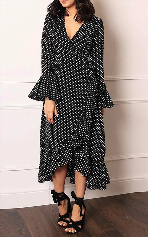 Wrap Dress With Frill Sleeve In Black & White Polka Dot