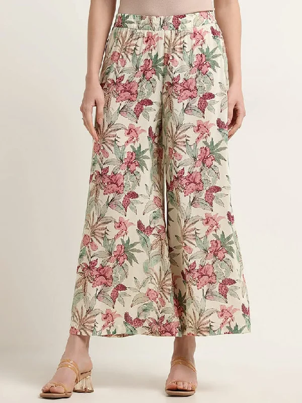 Women's drawstring athletic pants High - rise flare women jeans for a 70s - inspired look Zuba Off-White Mid Rise Floral Palazzos Women's drawstring athletic pants High - rise flare women jeans for a 70s - inspired look Zuba Off-White Mid Rise Floral Palazzos